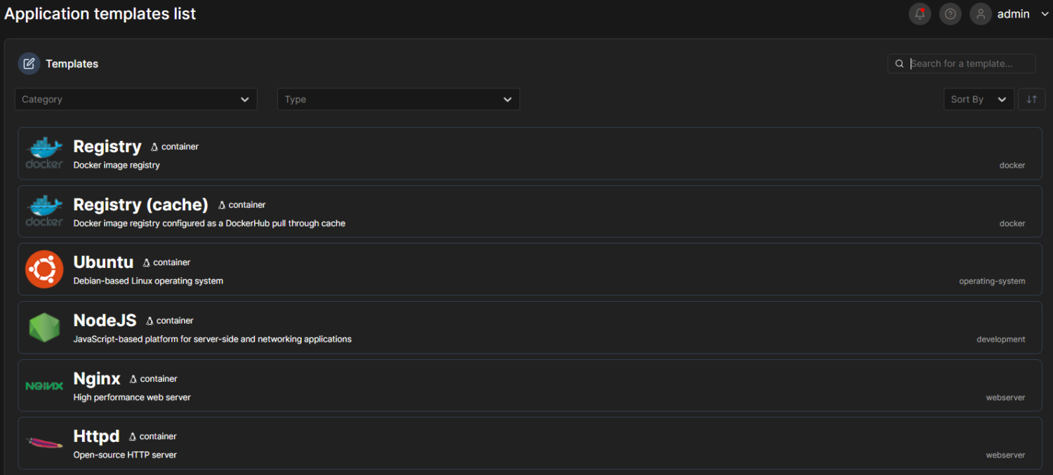 Capture Portainer, liste des templates