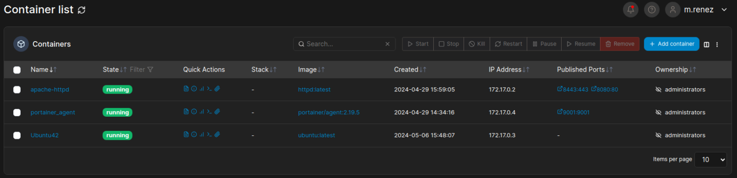 Capture Portainer, liste des conteneurs