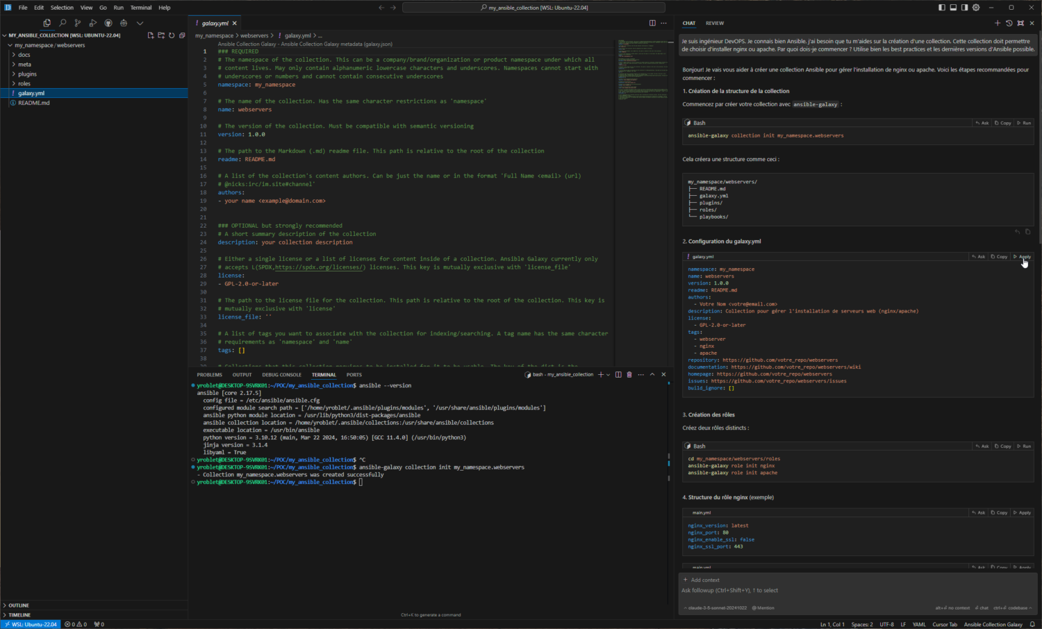 capture demande création collections ansible via chat cursor IA